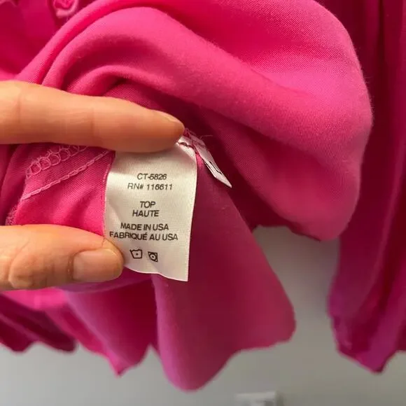 AMADI Lara Ruffled Blouse Hot Pink Anthropologie Boho V Neck Long Sleeve Size L - Picture 5 of 7